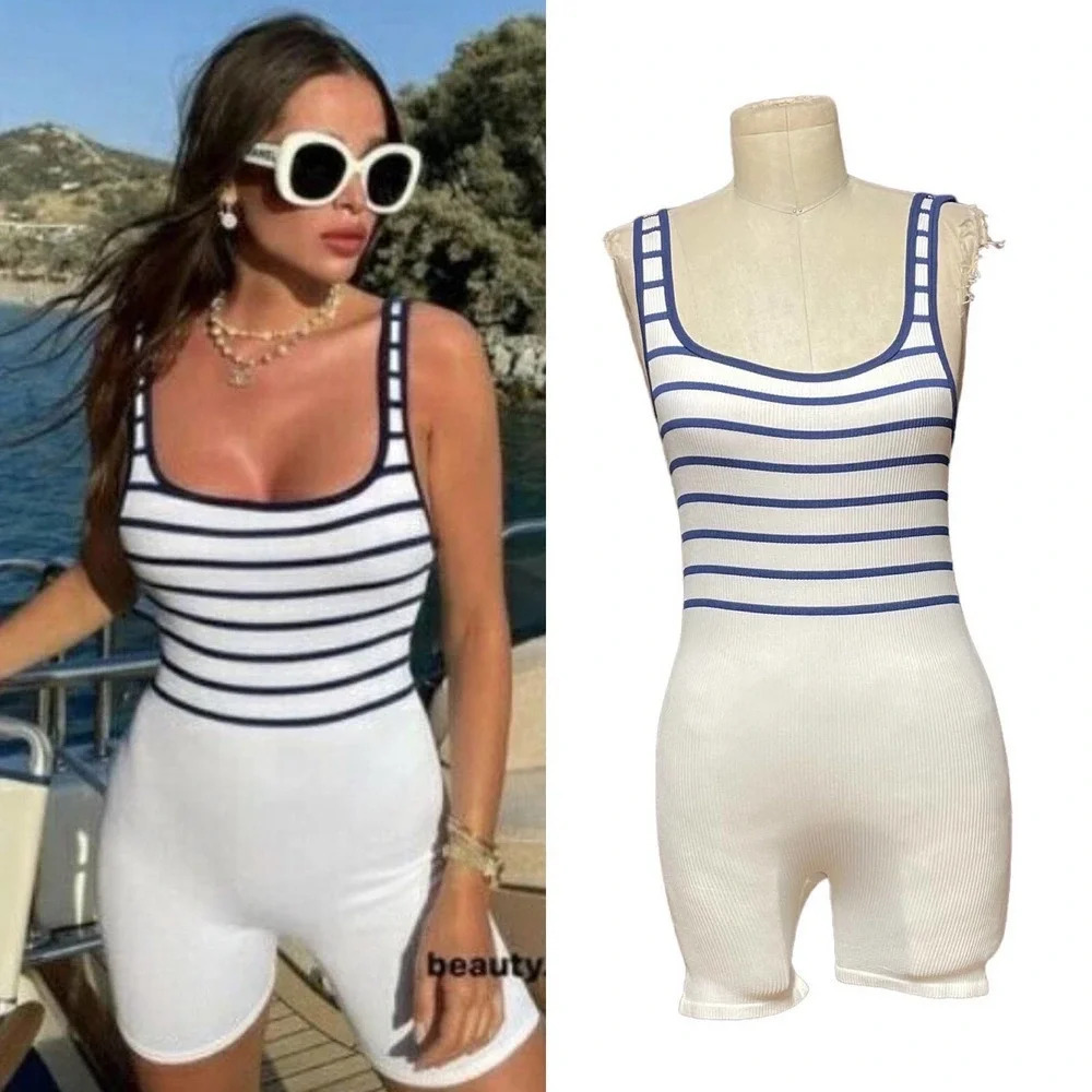 Zara Contour Collection Seamless Striped Romper White Navy Blue Size XS / S